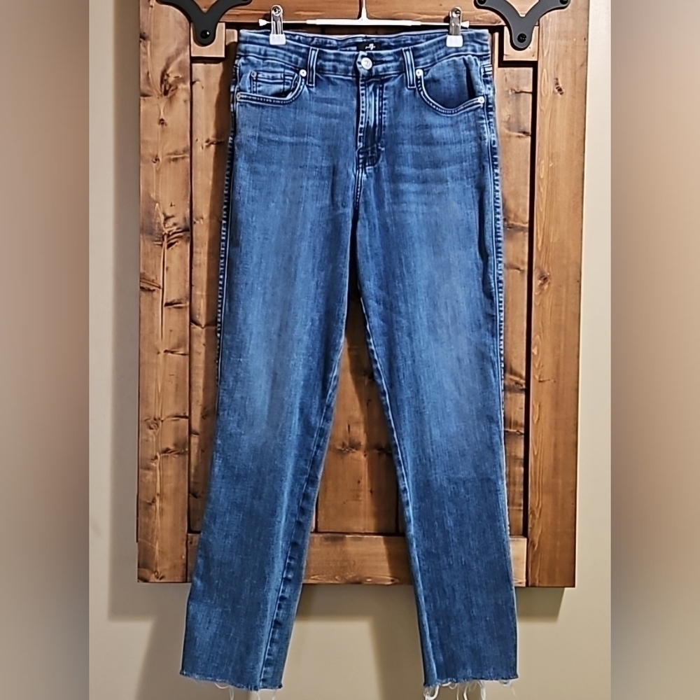 7 For All Mankind Blue Kimmie Straight Frayed Bottom Jeans Size 30